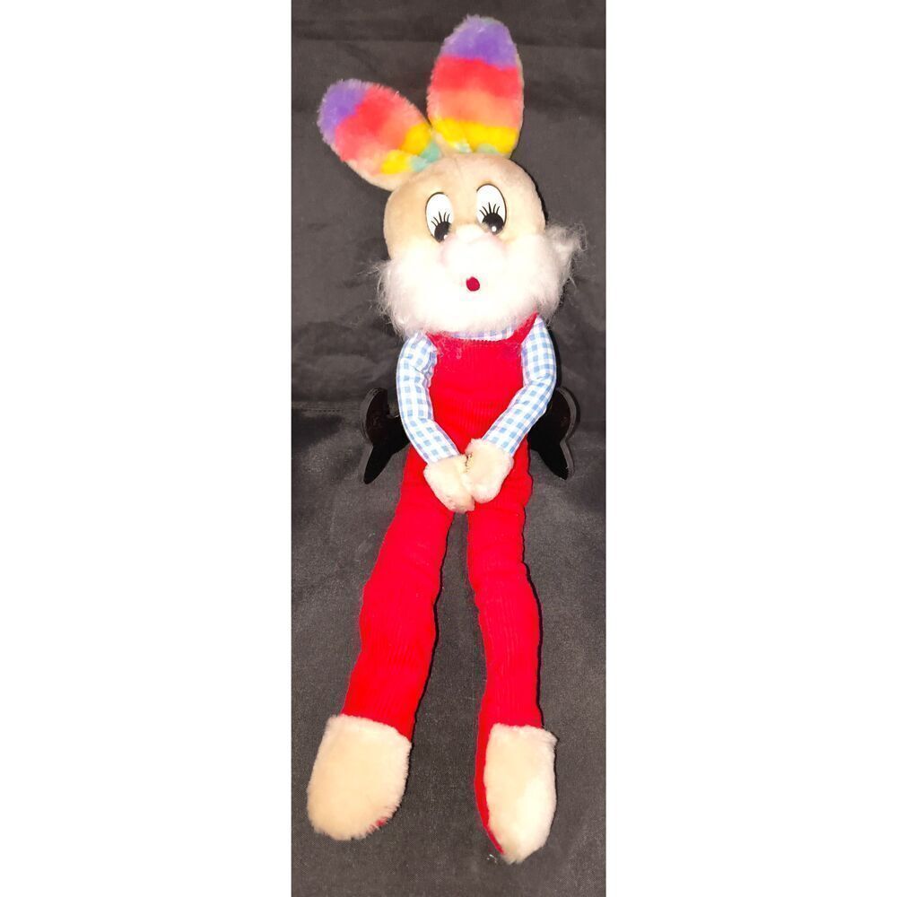 Vintage stuffed rabbit by B. J. Toy Co plush white body blue and white checkered